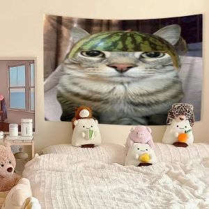 VIKAMA Mèo Ngộ Nghĩnh Meme Tấm Thảm Dễ Thương Mèo Tabby Treo Tường Thẩm Mỹ Trang Trí Cho Ký Túc Xá Phòng Ngủ Nhà Nền Quà Tặng Polyester