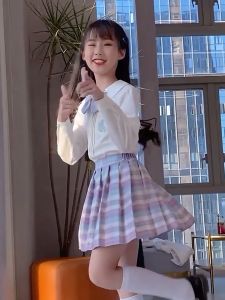 Kids High Quality Cotton Pleated Plaid Skirt with Bow Violet Pink Blue for Kids Girls 2-10 Years Old