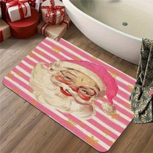 VIKAMA Vintage Santa Claus Doormat Red White Stripe Shhh Welcome Mat Non Slip Soft Floor Rug for Front Door Entryway Christmas