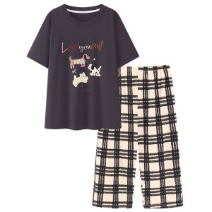 MiiOW | Cat Lady Summer Sleepwear Short Sleeve Casual Cartoon Loose Plus Size Womens Home Clothes Sweet Cute Style Cotton Elastic Fiber