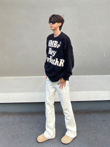 White Bell Bottom Straight Leg Basic Style Mens Jeans Autumn Winter Trendy Brand Slimming Long Trousers American High Street