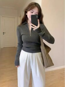 HUOLISI | French Grey Slim Fit Polo Collar Womens Summer Knit Top