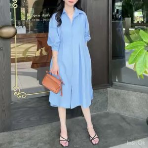 NANDO TERUSAN DRESS LENGAN PANJANG KOREAN STYLE FEMINIM POLOS TANGAN KARET FULL KANCING