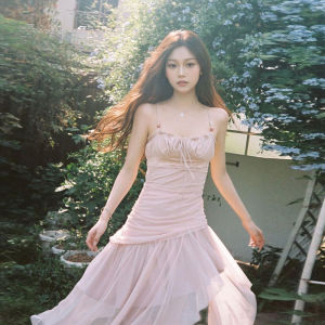 French Gentle Style Halter Dress Beach Vacation Waist Cinched Fairy Skirt Summer Season Softness Index Medium Pure Color Long Dress