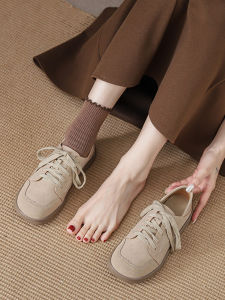 British Leather Shoes Womens 2024 Spring & Fall New Flat Shoes Womens Dress Shoelace Loafers Womens Plaid Soft Bottom