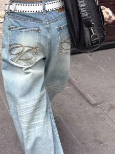 Retro American Street Embroidered Denim Jeans Womens Autumn Slim Loose Straight Wide Leg Casual Floor-Length Trousers