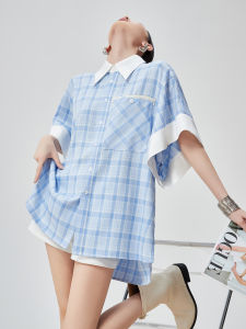 XIAODADEHUA | Blue Checkered Patchwork Short Sleeve Shirt Womens Loose Comfortable