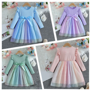 Girls Long Sleeved Bow Dress 2-8Y Fashion Thin Childrens Starry Sky Sequin Mesh Dress Spring Autumn Kids Clothing