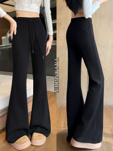 Womens Fleece Lined Micro Flare Pants High Waist Slimming Black Casual Sports Trousers Pear Shaped Body American Style Pocket Detail Knitted Cotton Blend