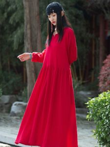 Long Sleeve Cotton Linen Loose Casual Ethnic Style Long Dress Robe Artistic Vintage Spring Summer Autumn V Neck a Line Skirt