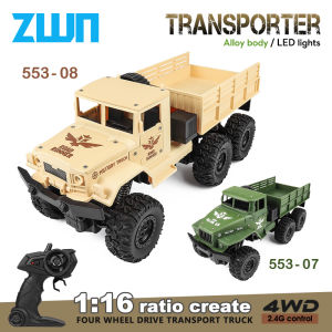 ZWN 1:16 2.4G Aluminum Alloy Six Wheel Military RC Truck with Lights Outdoor Remote Control  Cars Toys Gift for Children.