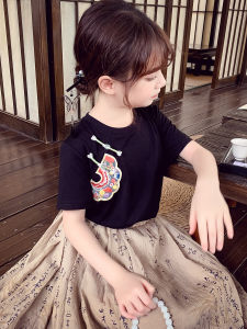 เสื้อยืดคอกลมแขนสั้นสำหรับเด็กผู้หญิง แฟชั่นฤดูร้อน สไตล์จีน ทรงหลวม ผ้าฝ้ายผสมโพลีเอสเตอร์ ความยาวปกติ