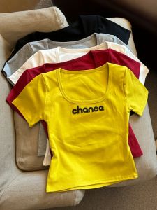 GUZILIAN | Sweet Cool Spicy Girl Letter Print U-Neck Short Sleeve T-Shirt Womens Summer Waist-Cinching Design Back Hollow Out Versatile Top