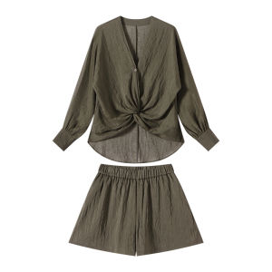 Linen Blend V-Neck Shirt with Knot Detail Loose Waist A-Line Shorts Set