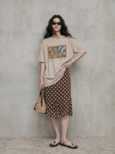 GULILI | Korean Style Low Saturation Oatmeal Colored Printed T-Shirt and Polka Dot Skirt Set