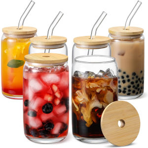 350/550ml Glass Cup with Bamboo Lids and Glass Straw 1pc Beer Shaped Drinking Glass Cute Tumbler Cup for Smoothie Boba Tea