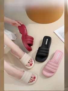 Summer Womens High Heel Slippers Thick Bottom for Outdoors All-Matching Chunky Heel Outdoor Non Slip Soft Bottom Beach Shoes Flip-Flops Womens
