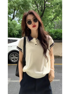 YUEZHONGWEI | American Retro Ice Silk Knitted Short Sleeve Polo Shirt Women Summer Slim Fit Compact Style Shoulder Turn-down Collar Top