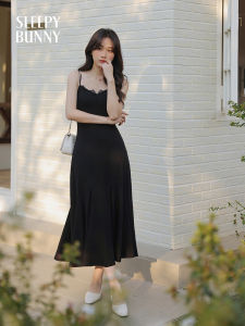 Đầm Dài Không Tay Cổ Tim Ren Màu Đen Cạp Cao Co Giãn Cho Nữ Mùa Xuân Đầm Ngủ Thỏ Ngọt Ngào Váy Midi Cotton Polyester