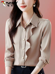 Elegant Long Sleeve Womens Chiffon Shirt Spring Autumn New Design TUCANO Straight Cut Polo Collar Pure Color for Mom Middle-Aged