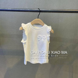 เสื้อกั๊กแขนกุดผ้าฝ้ายปักลายผีเสื้อสำหรับเด็กผู้หญิง คอกลม ขอบลูกไม้ เสื้อผ้าเด็ก แฟชั่นฤดูร้อน สำหรับเด็กอายุ 1-12 ปี