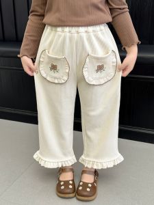 กางเกงขายาวทรงตรงผ้าลายดอกไม้สำหรับเด็กผู้หญิง ฤดูใบไม้ร่วง ฤดูใบไม้ผลิ กางเกงขายาวลำลอง ความยาวปกติ ผลิตจากผ้าอื่นๆ