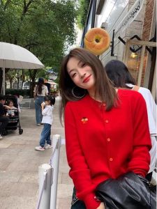 Christmas New Year Red round Neck Knitted Open Cardigan Autumn Winter Womens Casual Small Size Sweater Trendy Commute Style