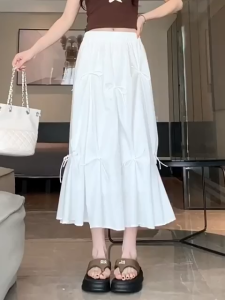 Womens Korean High Waist Pleated A-line Silm Bow Elastic Long Skirt