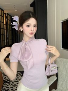 Purple Satin Butterfly Knot Short Sleeve Knitted T-Shirt Womens Summer Slimming Top Korean Style Commute Fashion Regular Fit