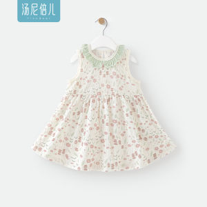 Sweet Princess Cotton Dress for Baby Girls Thin Summer Romper High Waist Floral Embroidery Moisture Wicking No Sleeve Birthday Outfit