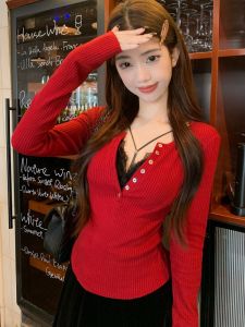 GUZILIAN | Sweet And Spicy Girl Lace Strap Long Sleeve Half Open Collar Knitted Sweater Set Two Piece Womens Autumn Winter New Style