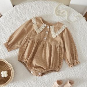 Bear Leader Autumn New Kids Bodysuits Long Sleeved Khaki Striped Printed Jumpsuit for Girls Korean Version Daily Simple Childrens Clothing