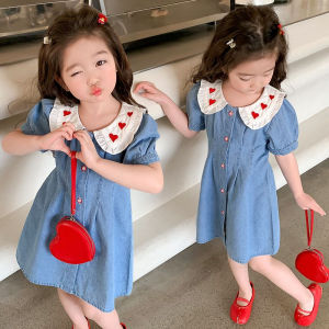 [PRINCESS KESLI] 1-11 Tahun Dress Jeans Love Bordir Anak  Perempuan Baju Denim Cewek Nyaman Dipakai Bahan Lembut Untuk Bayi Dan Balita