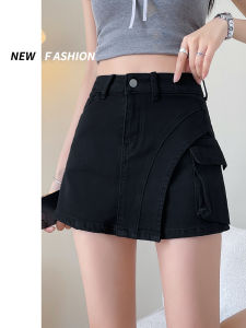 กระโปรงยีนส์สั้นเอวสูงสีดำ ทรงเอ ทรงเข้ารูป ทรงบาง ทรงไม่สมมาตร สำหรับผู้หญิง ฤดูร้อน 2024 กระโปรงสั้นทรงเอสไตล์เกาหลี