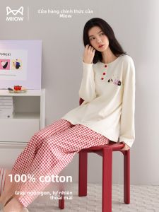 Bộ đồ ngủ nữ MiiOW vải cotton dài tay cổ tròn thoải mái