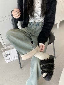 Fleece Padded Jeans Blue Thickened Heattech Plus Size Ladies Plus Size Slim Looking Baggy Straight Trousers Female Winter High Waist Loose Pants