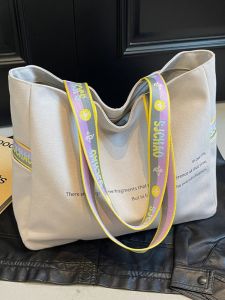 Casual Canvas Tote Bag Womens Large Capacity Commuter Bag Single Shoulder Bag for Class Fashionable Minimalist Japanese Style