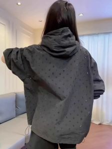 Plus Size Fat mm 150.00kg European Goods Fancy Black Rhinestone Outwear Womens Spring and Autumn Loose Hooded Jacket Trendy 2