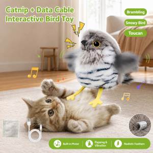 Lovinland Pet  Interactive Flapping Bird Cat Toy Touch Activated Rechargeable Electric Plush Toy with Realistic Chirp Sound 3 Flapping Modes Built-in Catnip Pocket Hanging Design for Indoor Kitten