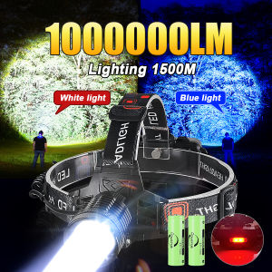 1000000LM Strong Light LED Headlamp White+Blue Light Powerful Headlight Fishing Head Torch Zoomable Lamp Outdoor Camping Lights