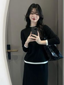 YUFUQING | Black Long Sleeve Top and High Waist Skirt Set
