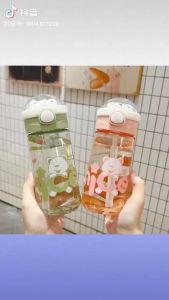 500ML Childrens Cartoon Bear Drinking Water Bottle with Straw Portable Student Drink Cups