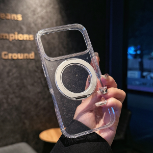 Bracket phone case suitable for iPhone 17 Pro Max 17 Pro 17 transparent glitter magnetic ring bracket transparent black shell.