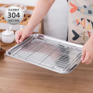 304 Stainless Steel Oil Drain Tray with Filter Net Rectangular BBQ Tray Filter Oil Dishware for Adults Chinese Style Freshness