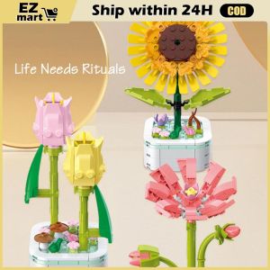 【Fast Shipping】 Creative Flower Bouquet Potted Construction Blocks Set City Flower Rose Home Decoration Building Bricks Toy HSQ-Eternal-Flower-Block