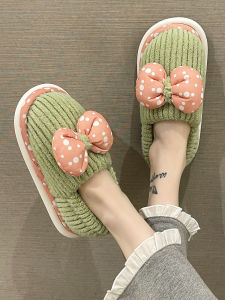 Winter Cotton Slippers Womens Cute Polka Dot Bows Stuffed Warm Postpartum Confinement Shoes Indoor Non Slip Soft Bottom Cover Heel Cotton Shoes
