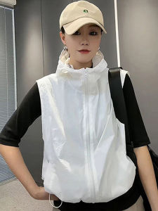New 2025 Casual Hooded Solid Color Slimming Fashion Zipper Sun Protection Breathable Vest Thin Outerwear Trendy Short Coat