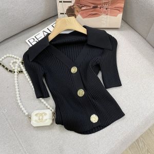 PAILAKOU | Áo len cardigan ngắn hở cổ chữ V kiểu Pháp cho nữ mùa hè mới mỏng ôm vừa vặn tay ngắn mềm mại bằng lụa băng