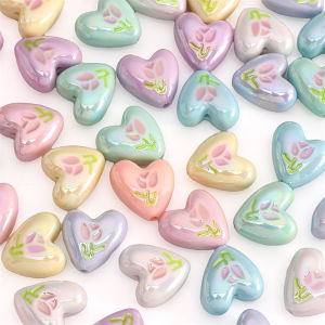 2pcs Acrylic Love Heart Shape Beaded Flower Pattern Loose Spacer Beads For Handmade Bracelet Necklace Earring Keychain DIY Craft Jewelry Making Accessories