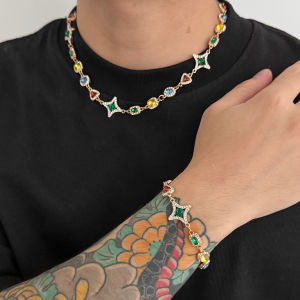 Ingemark Boho Luxury Colorful Crystal Chain Necklace Bracelet for Men Exquisite Creative Adjustable Link Couple Jewelry Set New